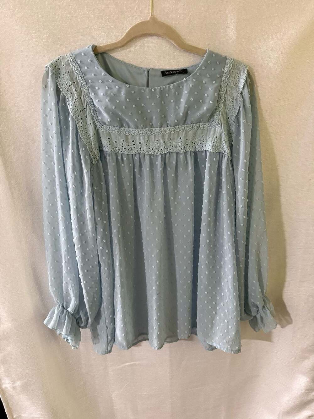 Amkoyam Light Blue Swiss Dot Crochet Lace Babydoll Blouse